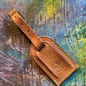 Louis Vuitton small size leather name tag bag brown gold tone metal buckle LV